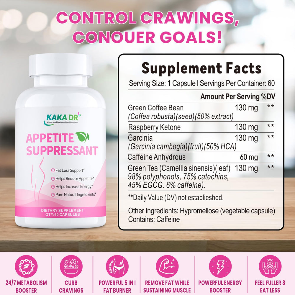 KAKA DR Appetite Suppressant bottle closeup highlighting compact pills for convenient daily use.