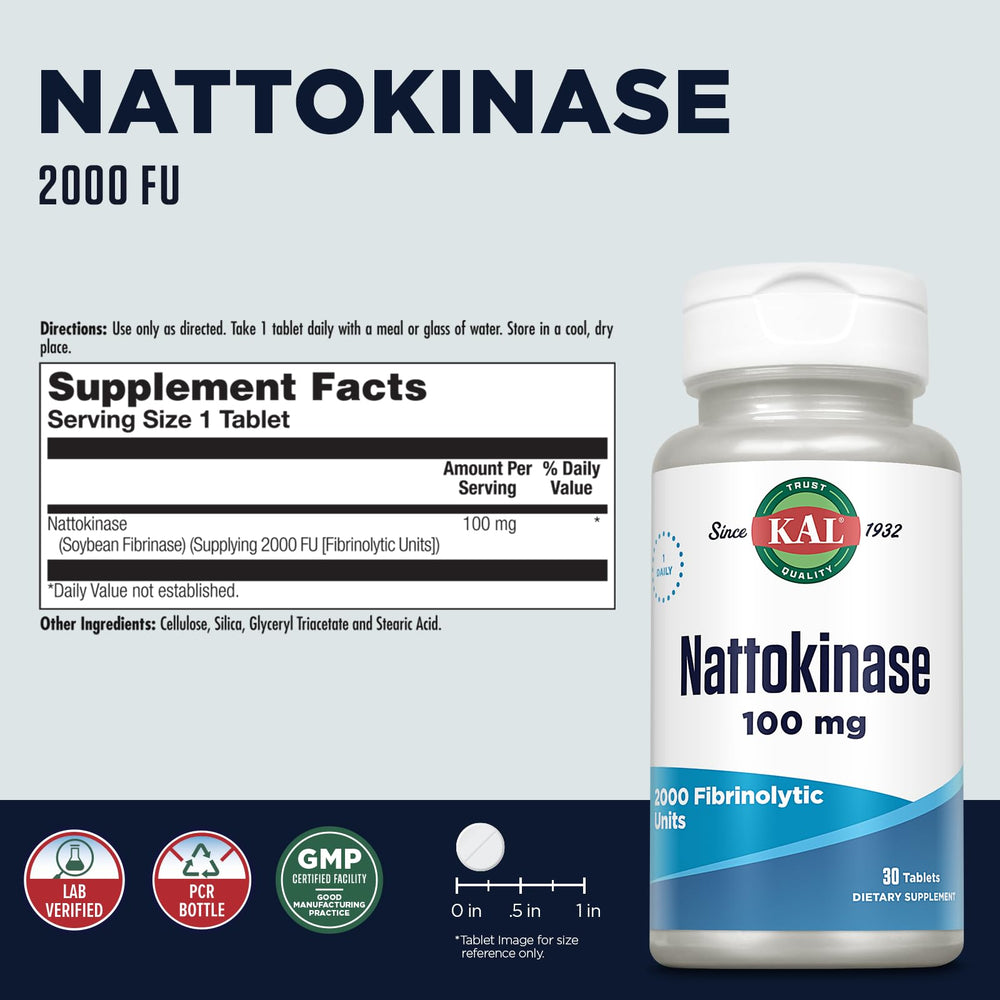 Close-up of Kal Nattokinase 100 mg tablets