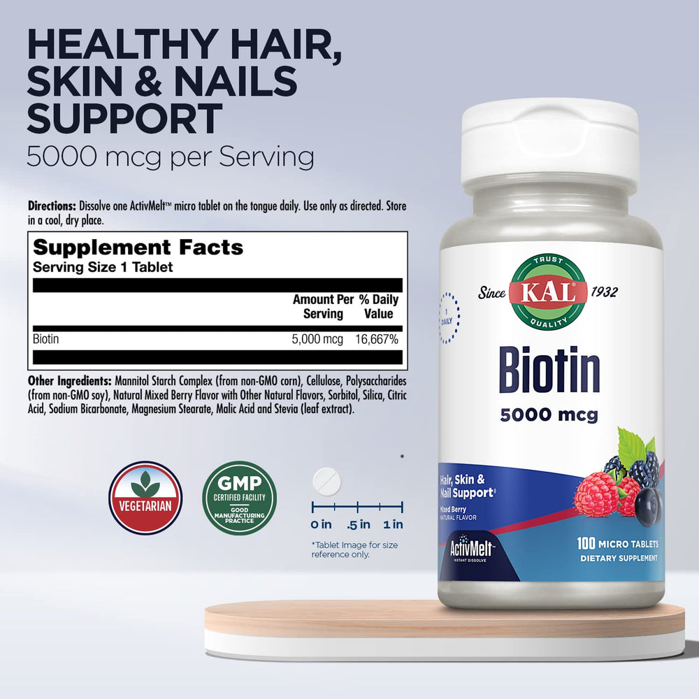 KAL Biotin 5000mcg mixed berry bottle – side view with label
