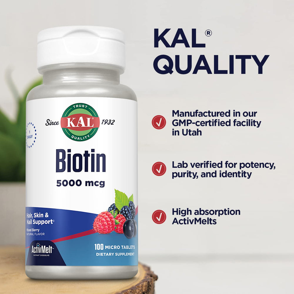 Back nutrition label for KAL Biotin 5000mcg bottle