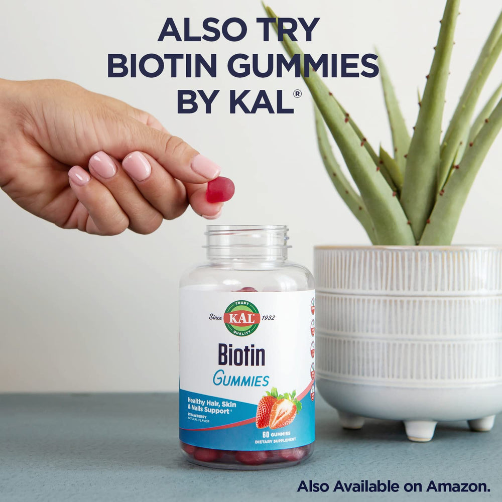 Bottle of KAL Biotin 5000mcg tablets with berries