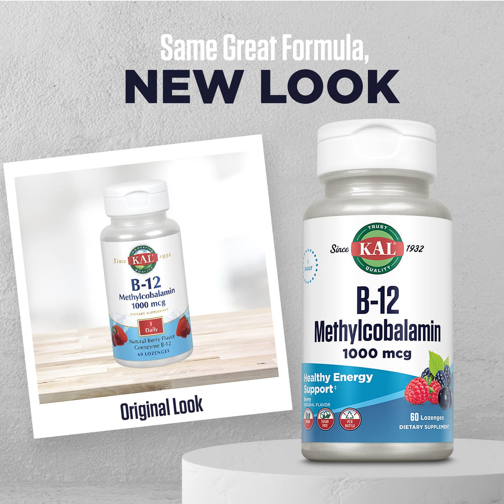 Close-up of KAL B-12 lozenges with natural berry flavor