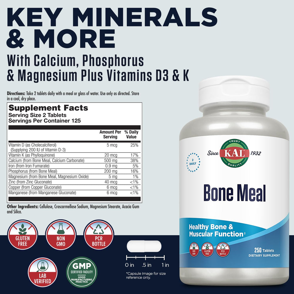 Back of KAL Bone Meal Tablets bottle showing supplement facts
