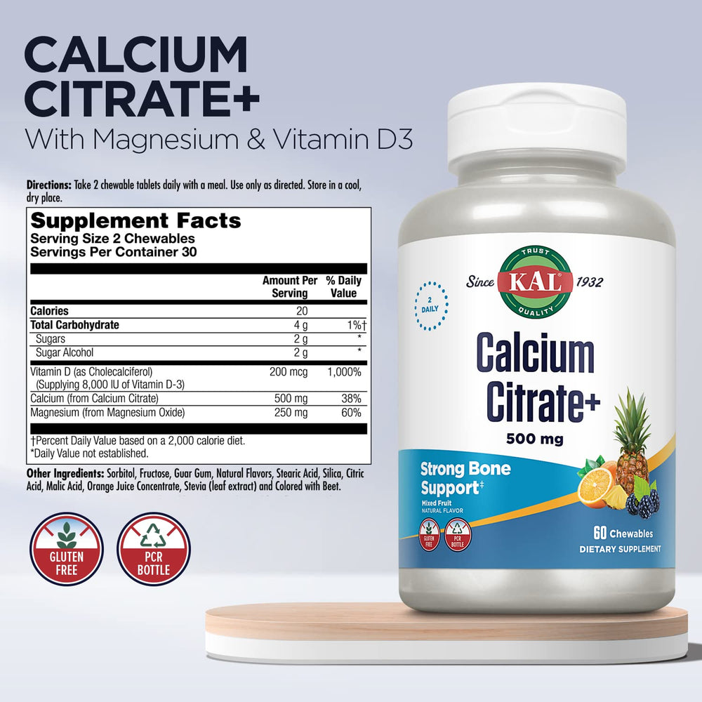 Close-up of KAL Calcium Citrate chewables showing mixed fruit flavor