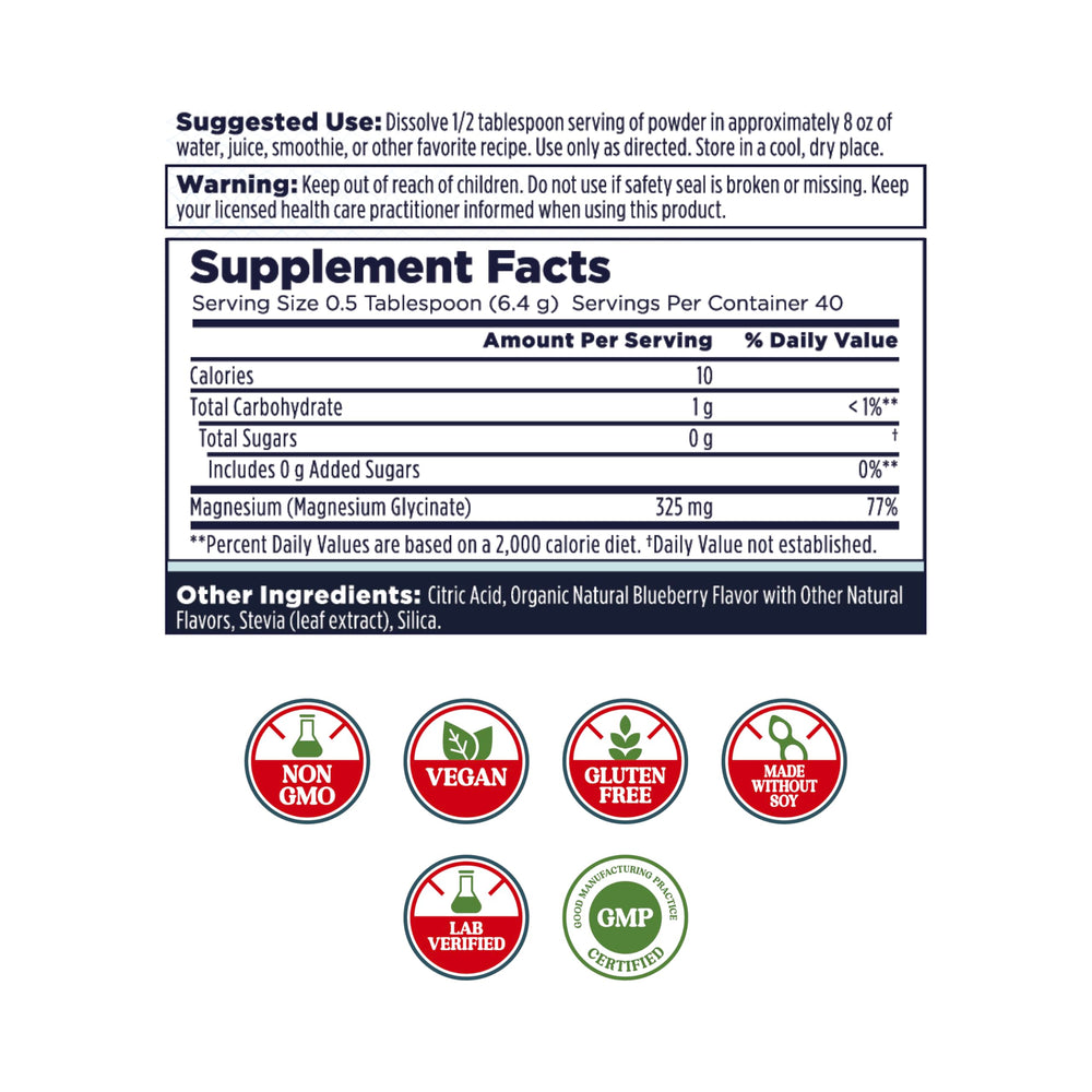 Blueberry flavored magnesium glycinate powder with scoop