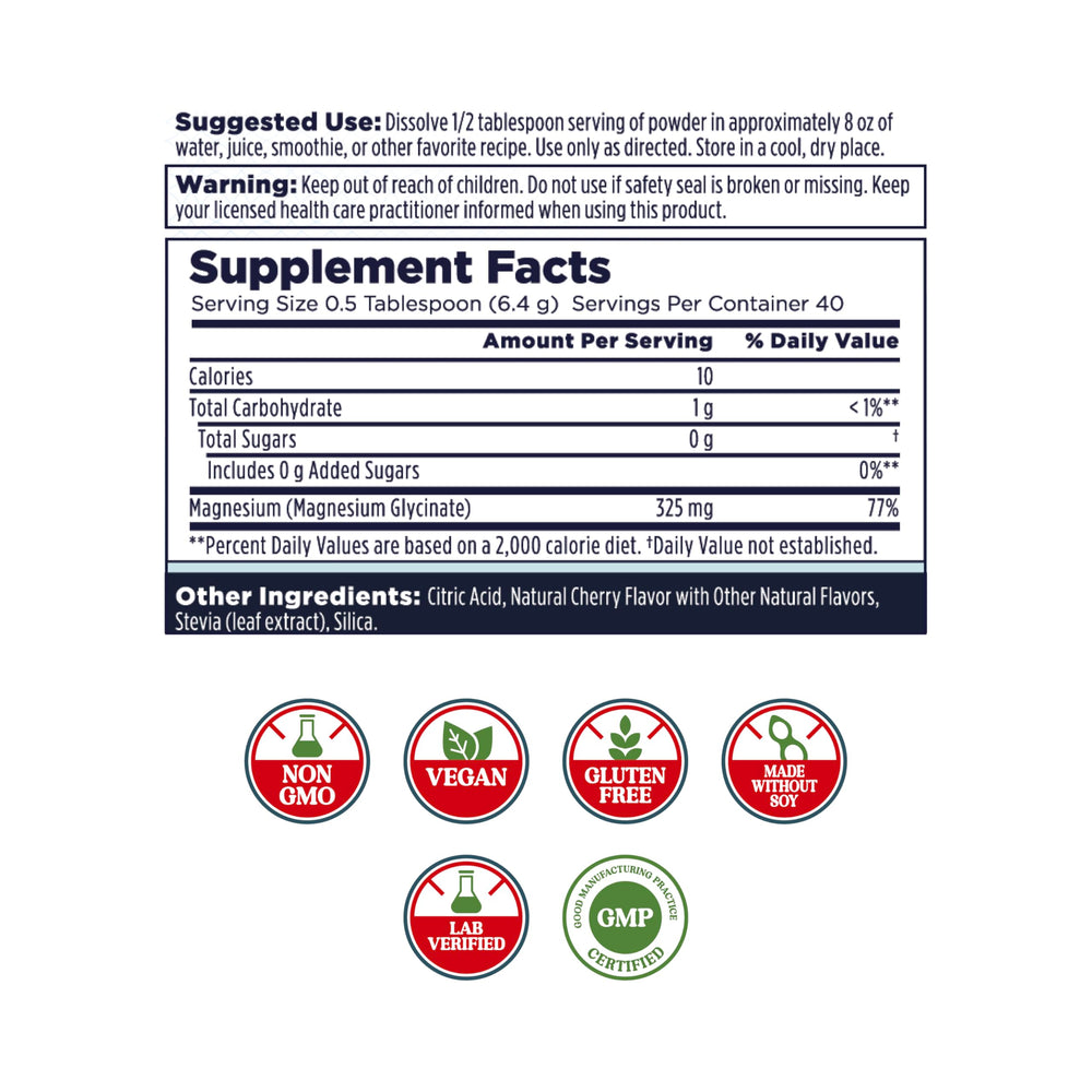 Measuring scoop pouring cherry-flavored magnesium glycinate powder.