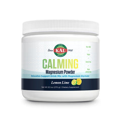 Front view of KAL Calming Magnesium Powder Lemon Lime flavor 9.5 oz tub