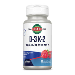 Close-up of KAL Vitamin D3 K2 ActivMelt raspberry-flavored dissolvable tablets