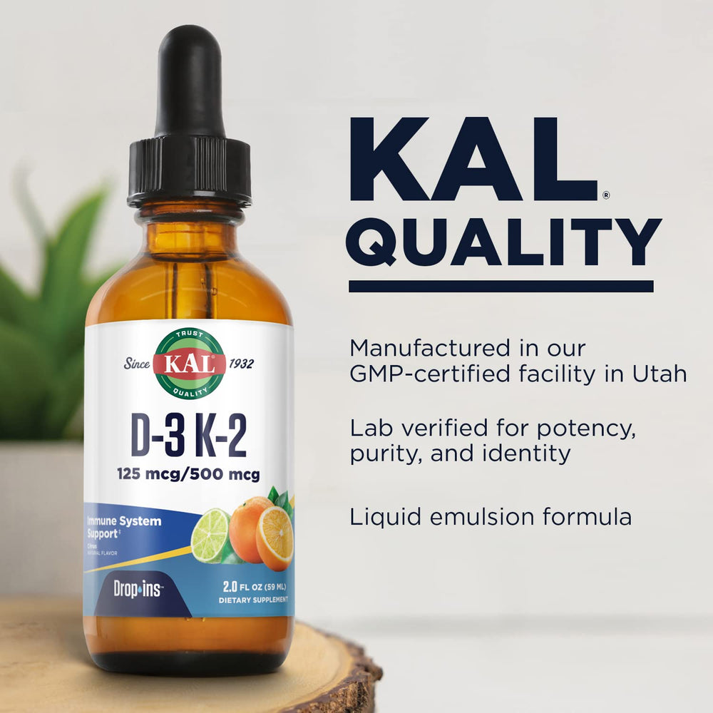 Supplement facts panel for Kal D3 K2 DropIns
