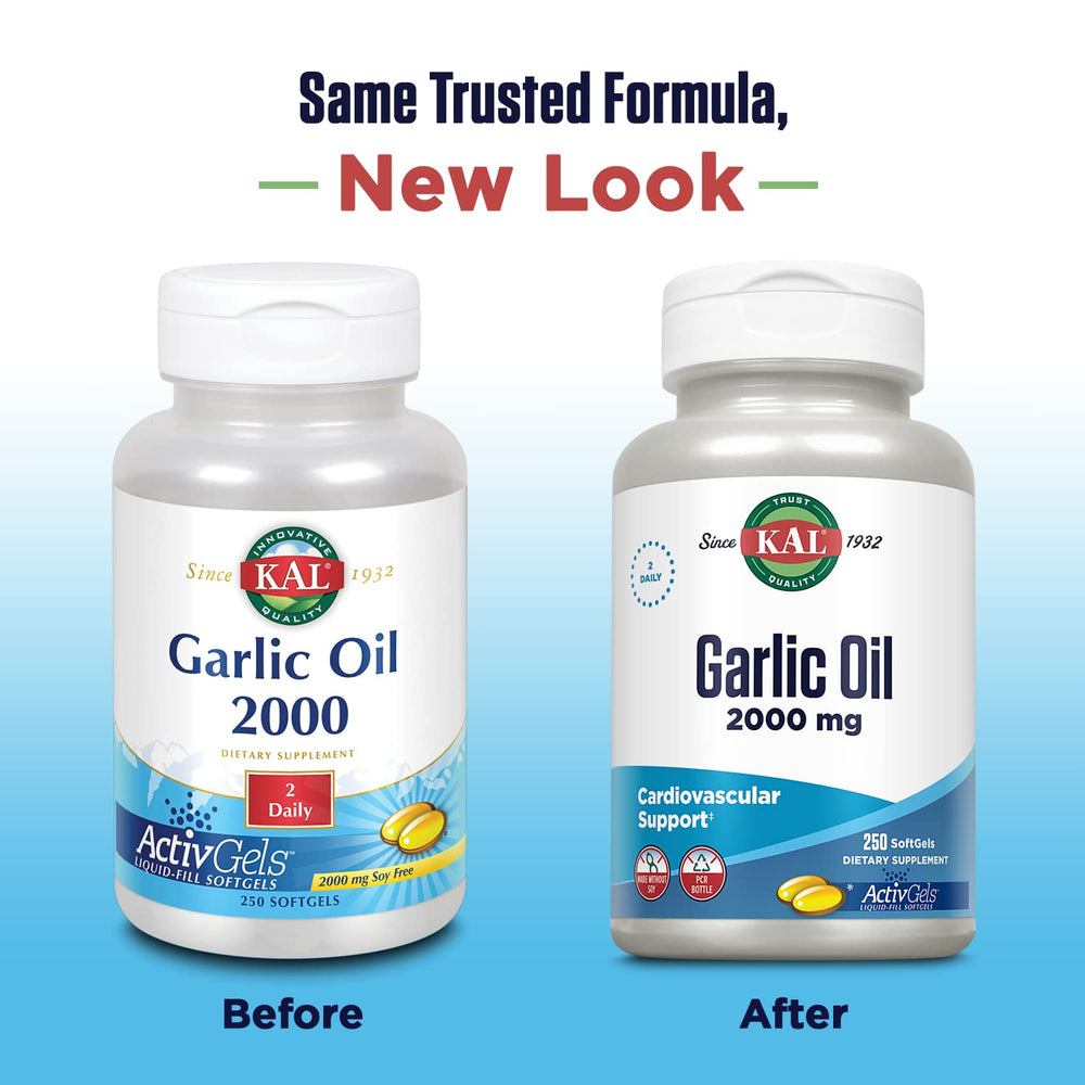 Close-up of KAL Garlic Oil 2000 Softgels bottle - 250 count