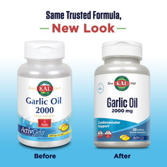 Close-up of KAL Garlic Oil 2000 Softgels bottle - 250 count