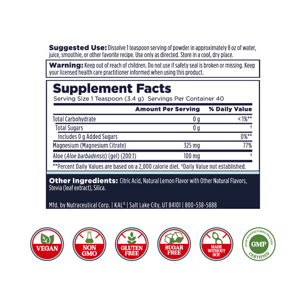 Back label of KAL Gut Magnesium Plus Aloe Vera powder with ingredients