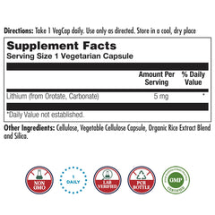 Back label of KAL Lithium Orotate 5mg VegCaps bottle