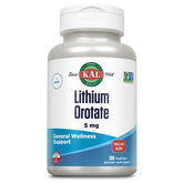 Front view of KAL Lithium Orotate 5mg VegCaps bottle