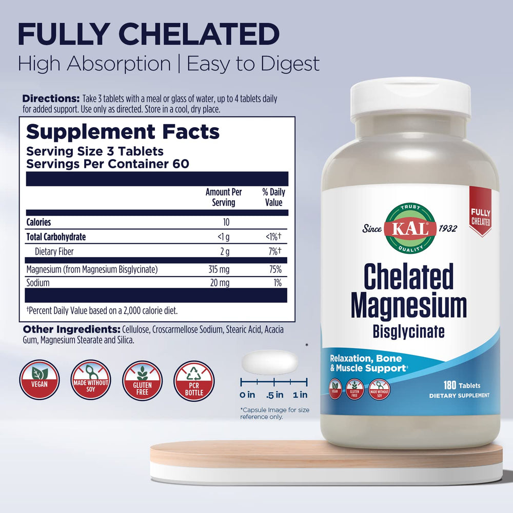 Three-tablet serving showing 315 mg magnesium bisglycinate