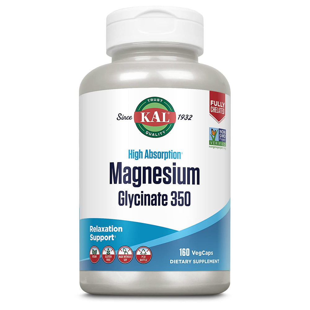 KAL Magnesium Glycinate Capsules bottle label showcasing 160 count