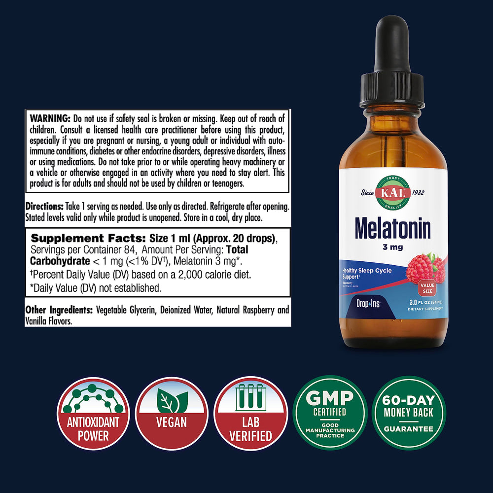 Close-up of Melatonin DropIns bottle label showing 3 mg per serving