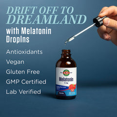 Dropper dispensing melatonin liquid in Raspberry flavor