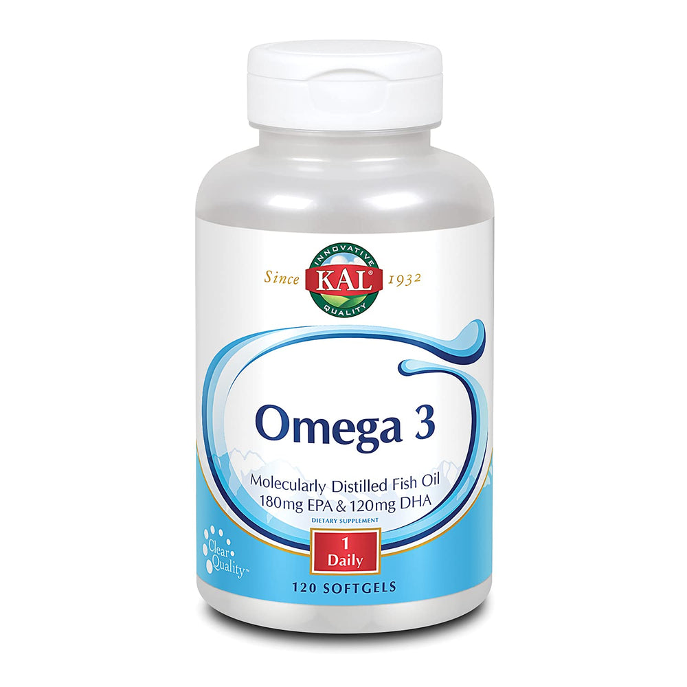 KAL Omega 3 bottle with label on white background