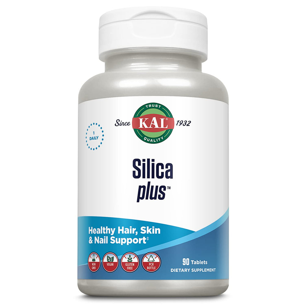 KAL Silica Plus bottle showing 90 servings with vegan and gluten-free labels
