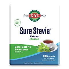 KAL Sure Stevia Plus Monk Fruit single-serve packets front view