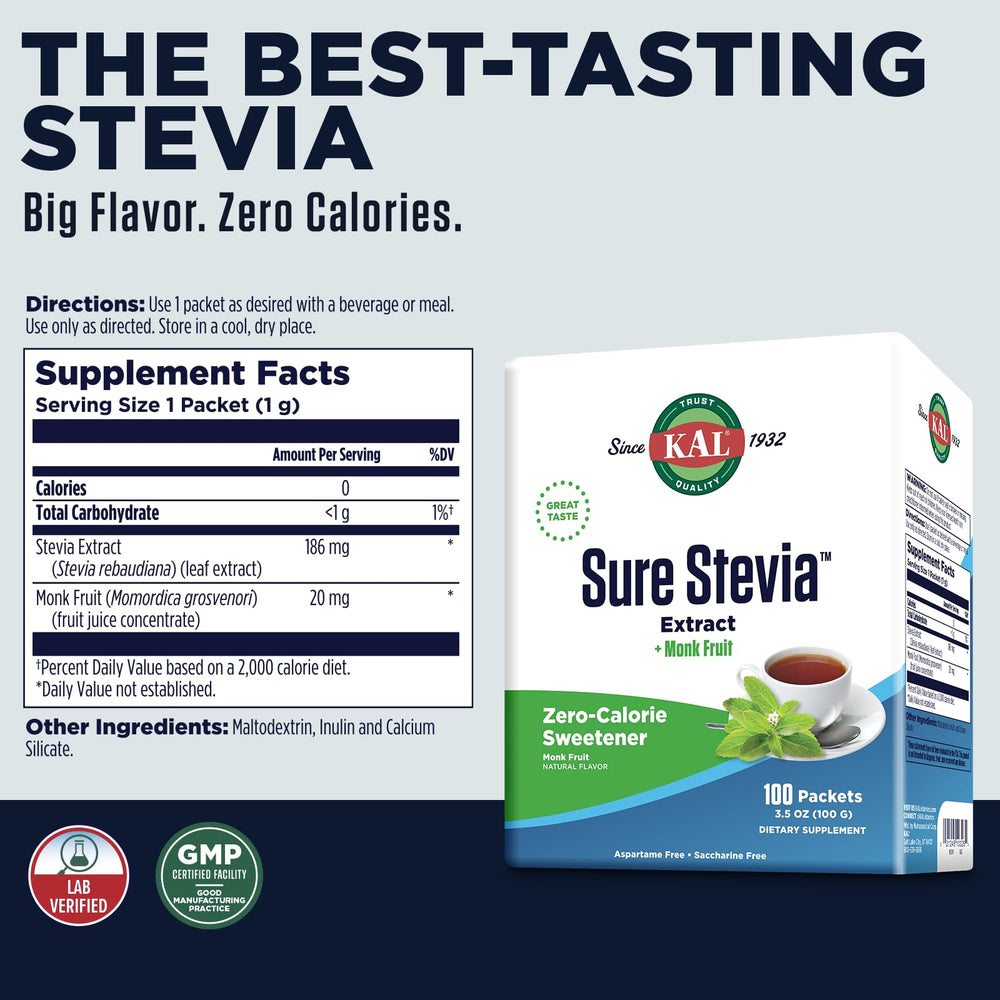 Open packet of KAL Sure Stevia Plus Monk Fruit Sweetener