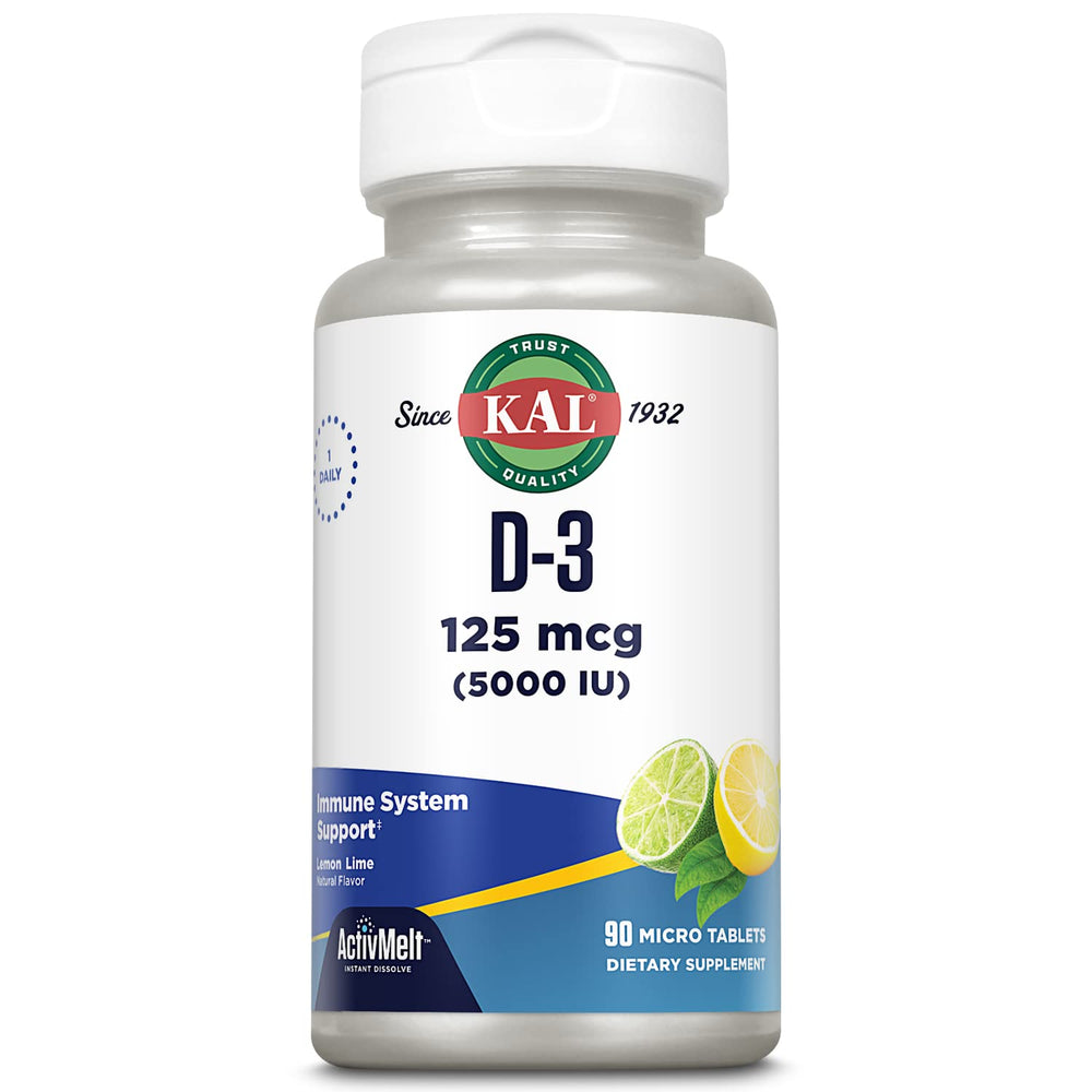 KAL Vitamin D-3 5000 IU ActivMelt bottle with lemon lime flavor label
