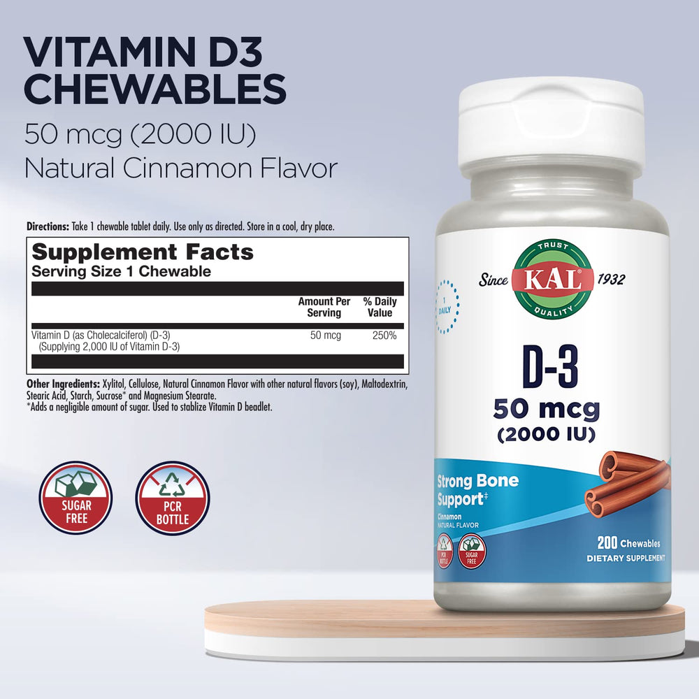 Label indicates 2000 IU (50 mcg) Vitamin D3 per chewable