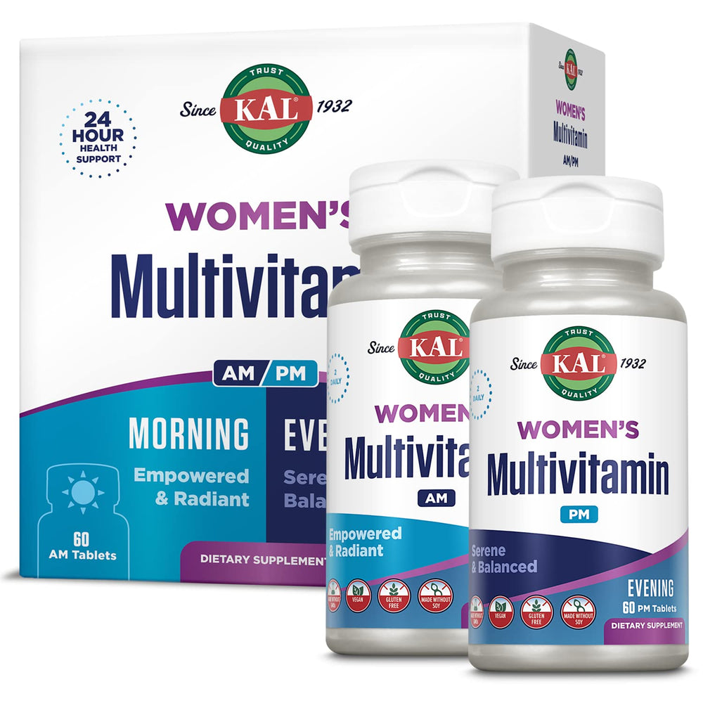 Front view of KAL Women's Multivitamin AM/PM bottle