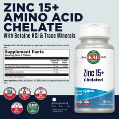Close-up of KAL Zinc 15+ label and supplement facts