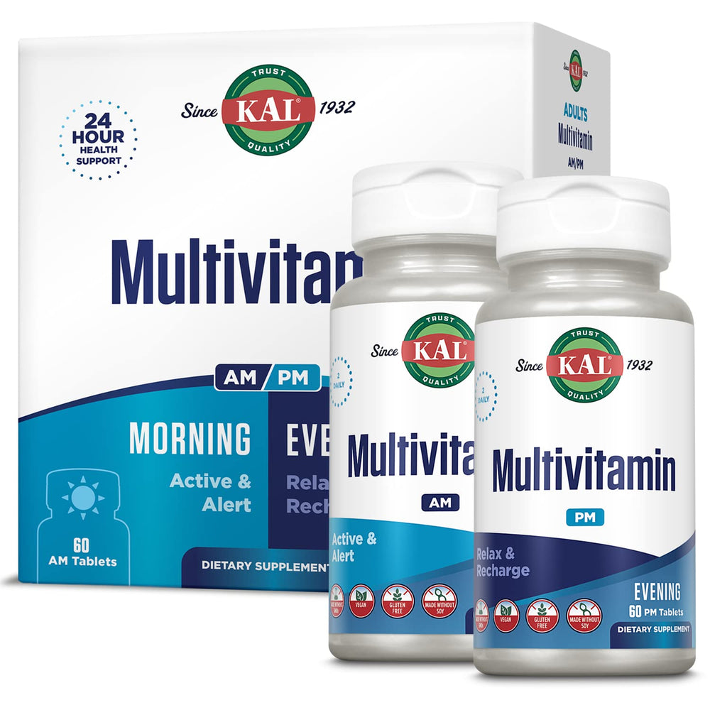 Front view of KAL Multivitamin AM/PM bottle with label