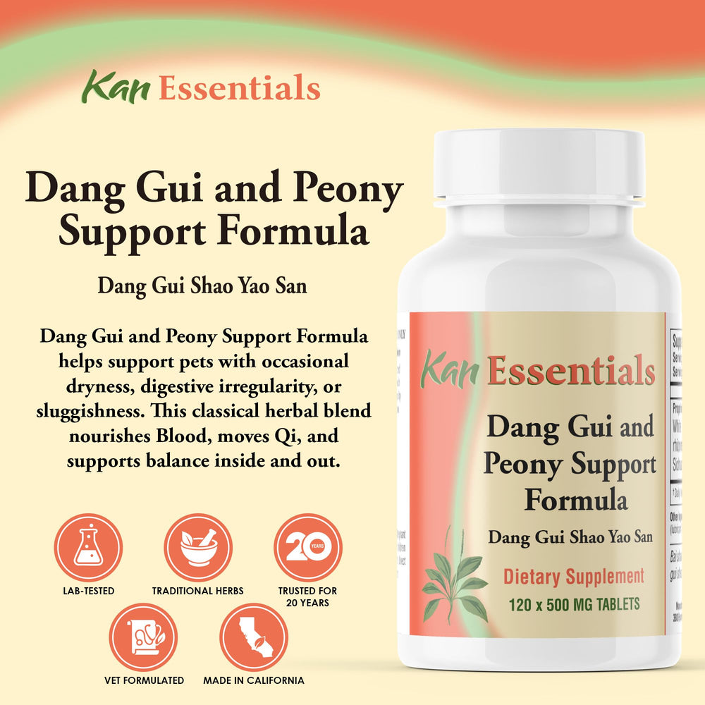 Pet dog and cat with Kan Herb Essentials Dang Gui and Peony supplement bottle