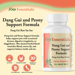 Pet dog and cat with Kan Herb Essentials Dang Gui and Peony supplement bottle