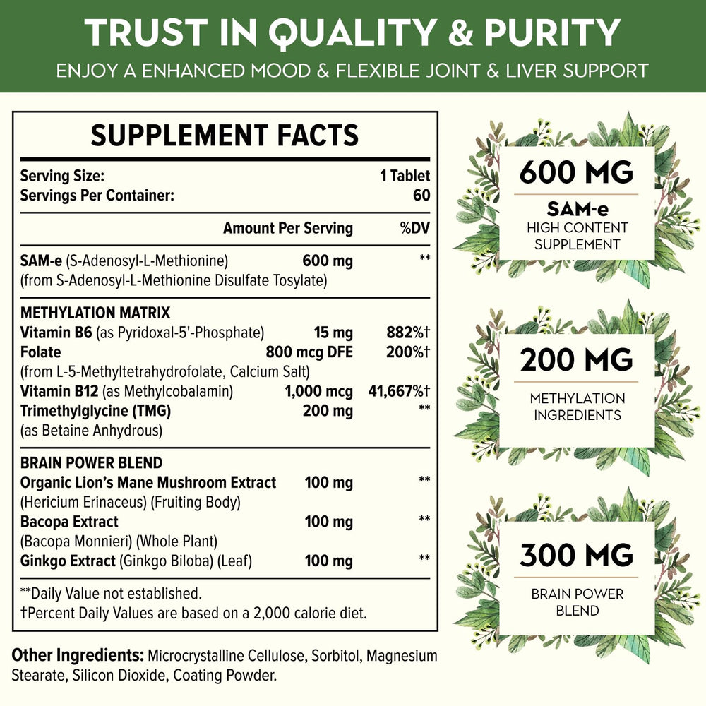 Back label of Kanacoufce 1100mg SAM-e bottle