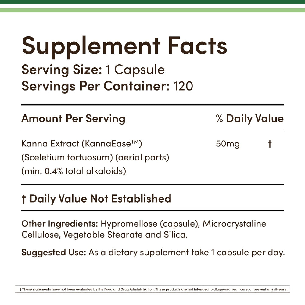 KannaEase extract label highlighting 0.4% total alkaloids