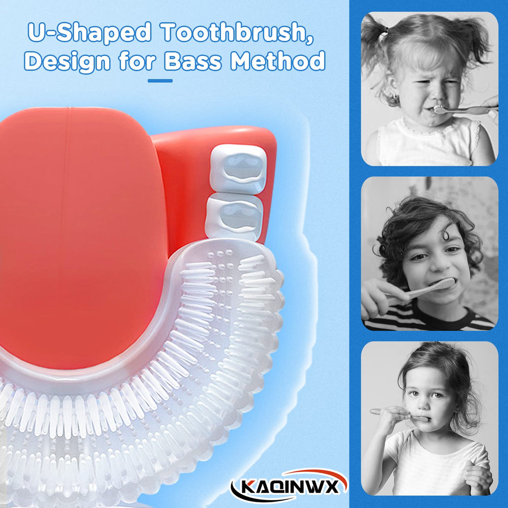 Close-up of dinosaur-themed kids U-shaped toothbrush bristles