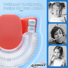 Close-up of dinosaur-themed kids U-shaped toothbrush bristles