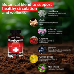 Close-up of Kardovite label highlighting hawthorn, garlic, ginkgo, cayenne, milk thistle, bilberry and valerian