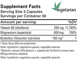 Illustration of MigraMAXX ingredients: PA-free Butterbur, Magnesium and Riboflavin (Vitamin B2)