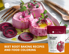 Close-up of rich red Kate Naturals beet root powder packaging label