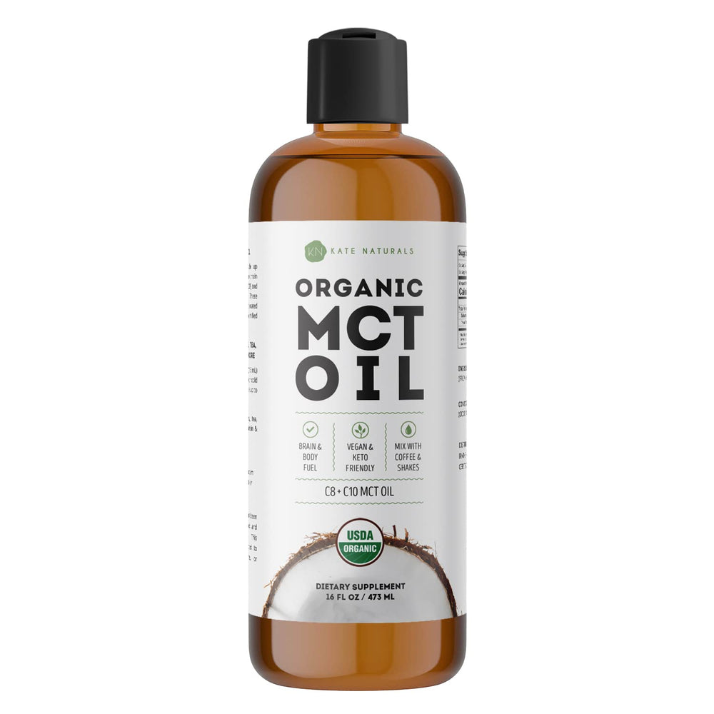 Kate Naturals MCT Oil bottle with coffee and keto-friendly setup
