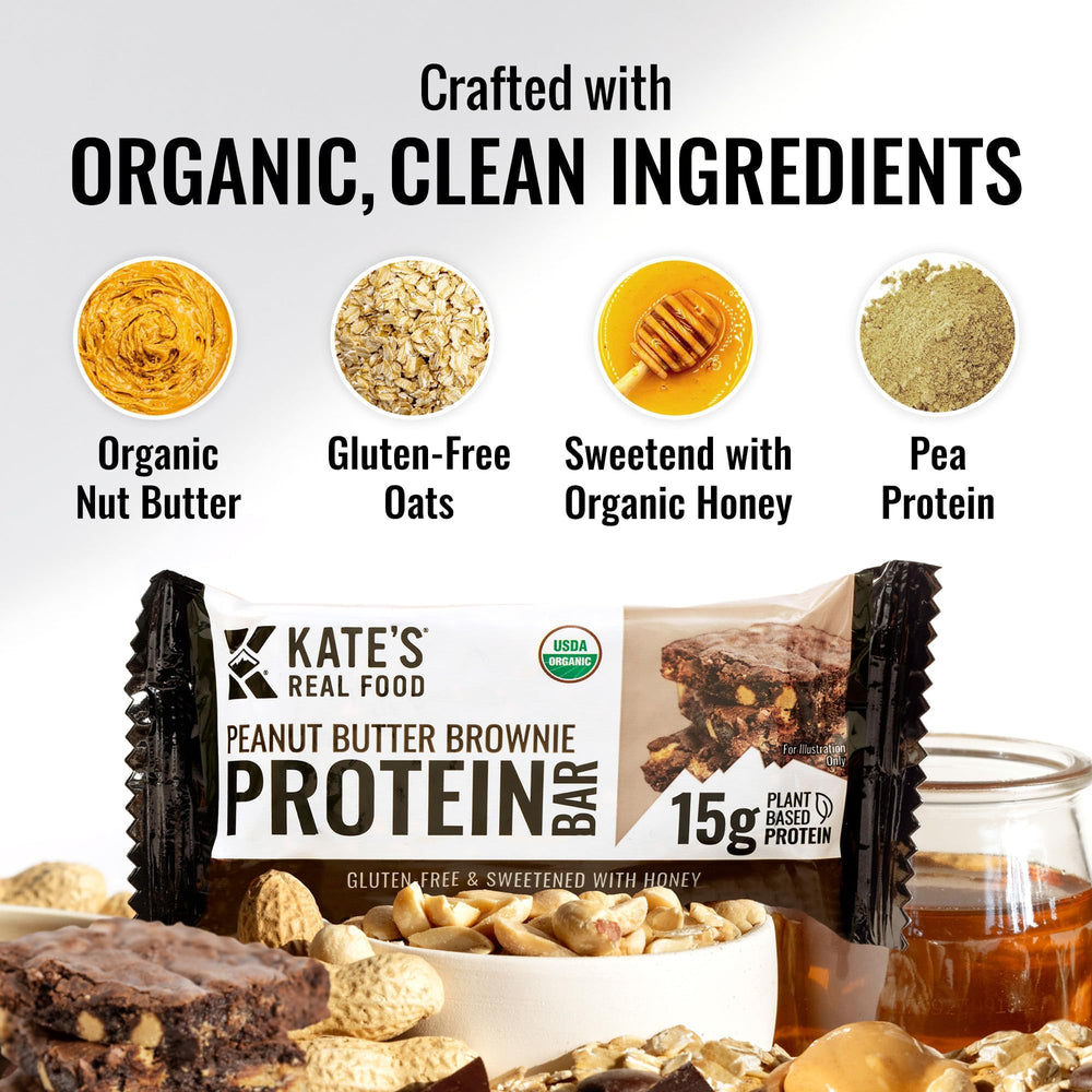 Kate's Real Food Peanut Butter Brownie bar trail snack — plant-based protein for outdoor adventures.
