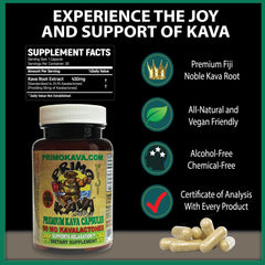 Close-up of 50mg kavalactones label on a kava capsule