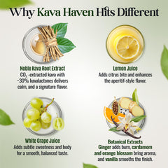 Kava Haven ingredient highlights: Noble Kava Root, lemon, vanilla, ginger
