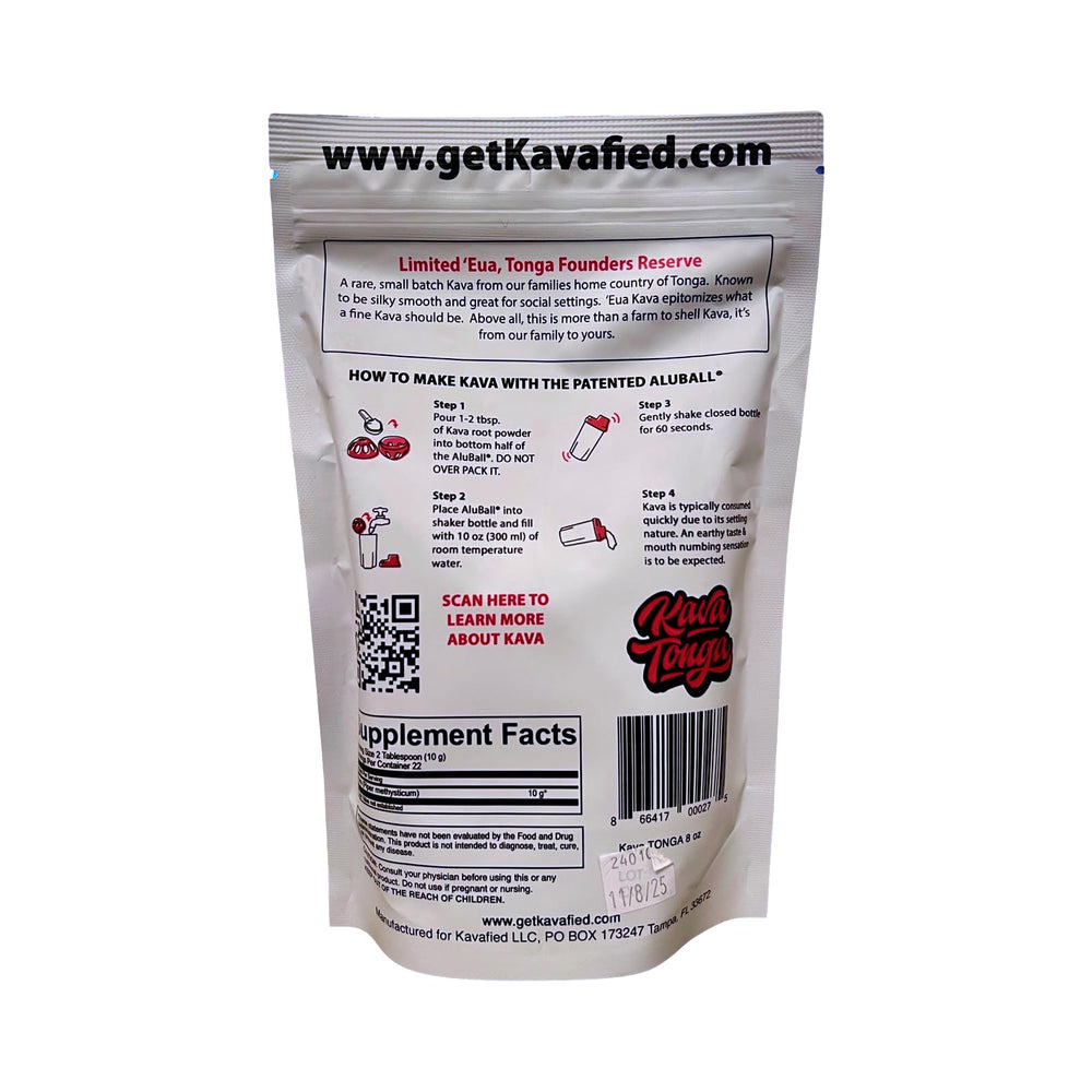 Side view of Kavafied KAVA Tonga 8oz tin with label