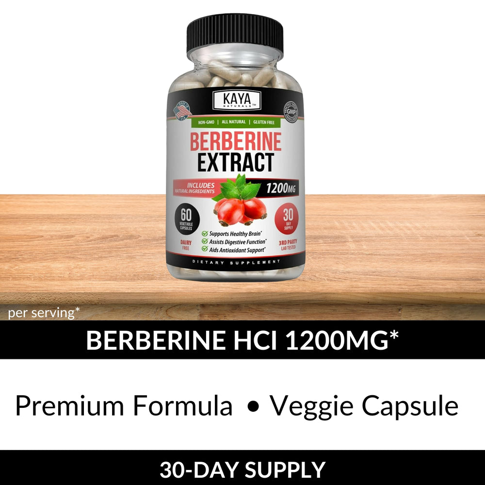 Close-up of vegetarian capsule in Kaya Naturals Berberine HCL bottle