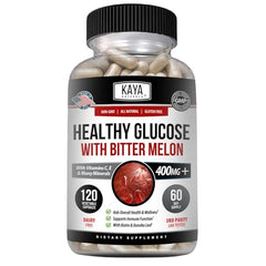 Kaya Naturals Healthy Gluco with Bittermelon bottle on white background