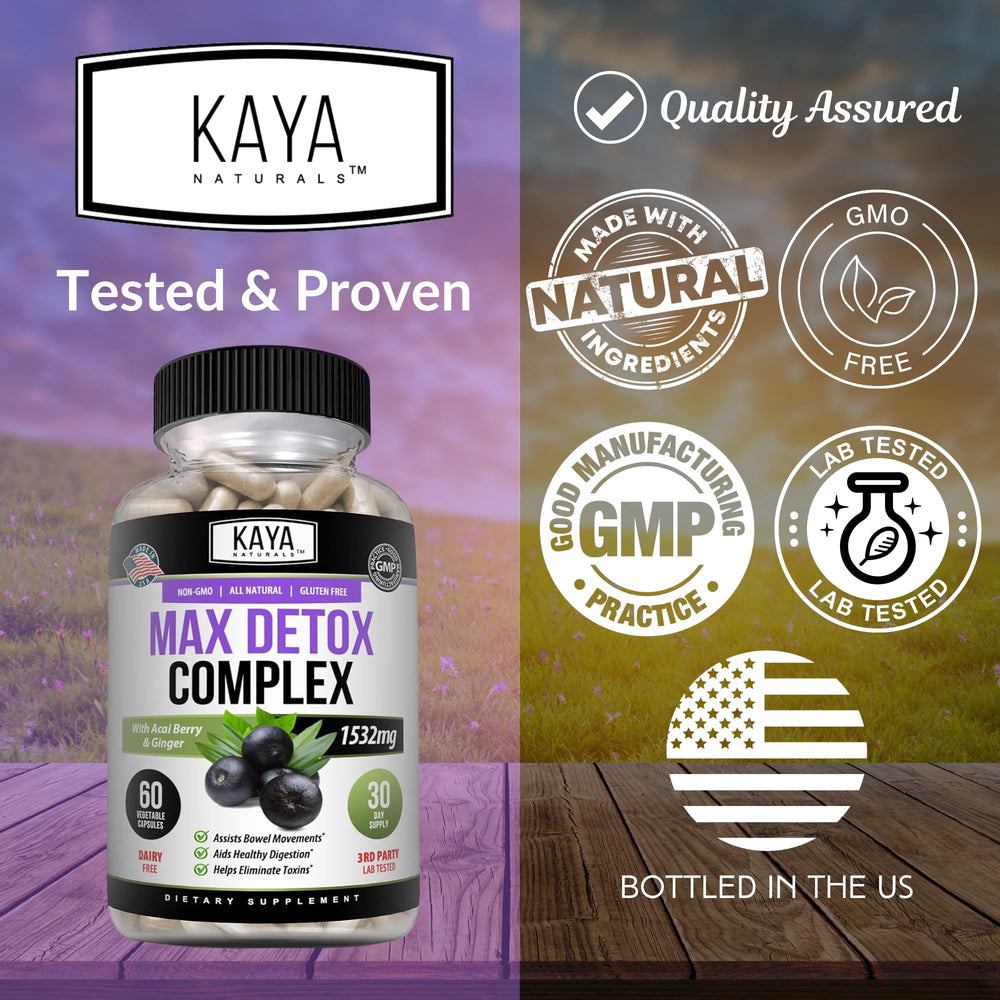 Kaya Naturals Max Detox bottle with 60-count label on white background