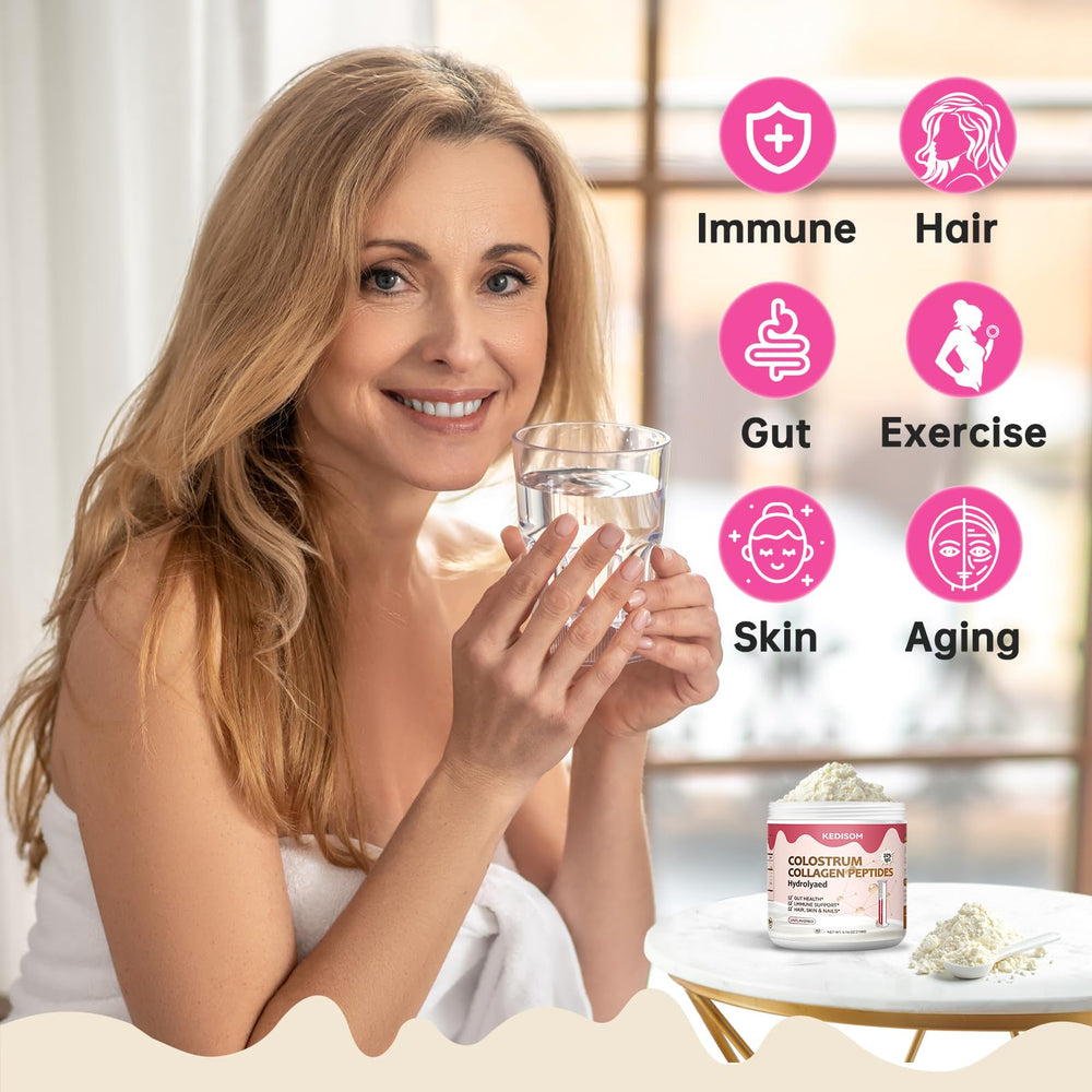 Unflavored KEDISOM Colostrum Powder being mixed into a drink