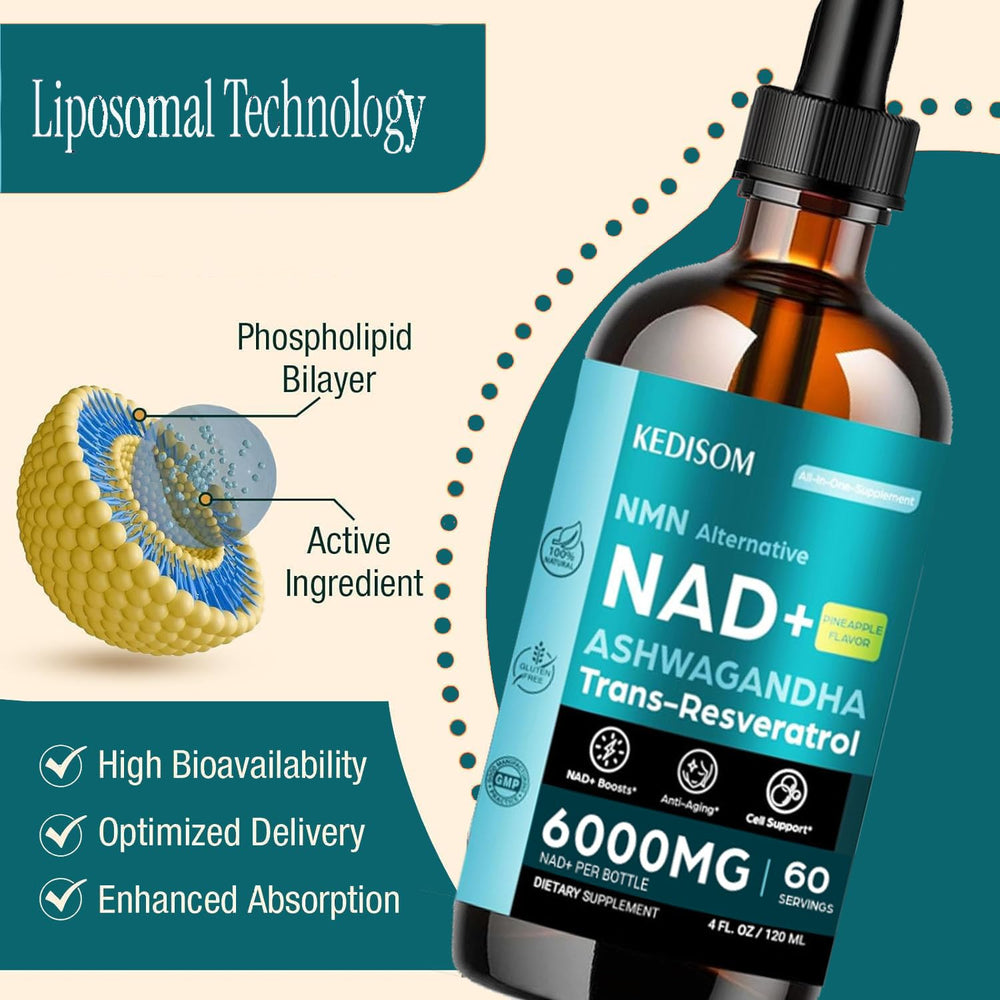 Pouring NAD+ liquid from dropper into a glass on a white background